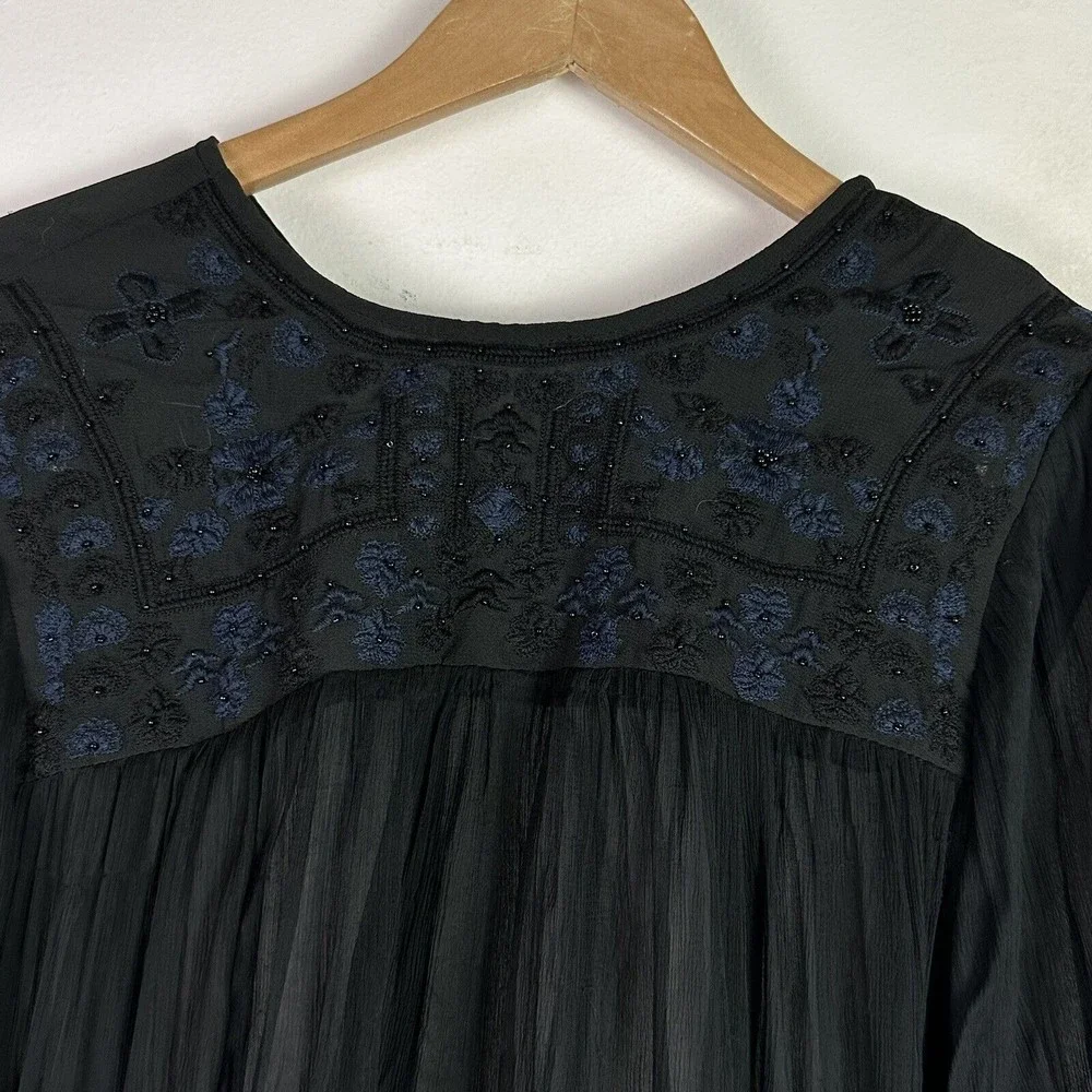 Free People Sheer Black Long-Sleeve Tassel Blouse